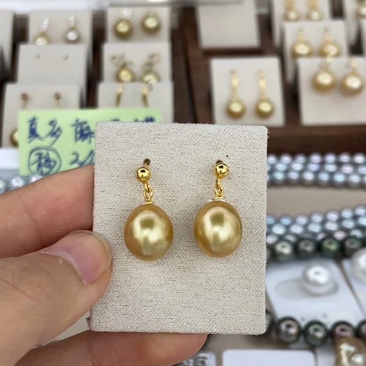 银S925镶嵌耳饰海水珍珠金珠10-11