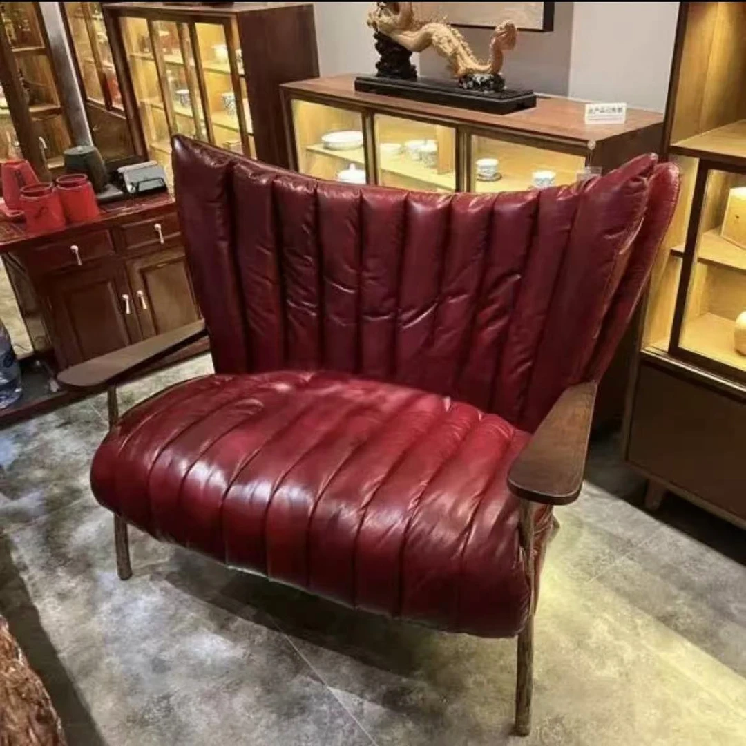 战神椅双人位茶室设计头层牛皮双人主人椅真皮轻奢皮艺沙发椅