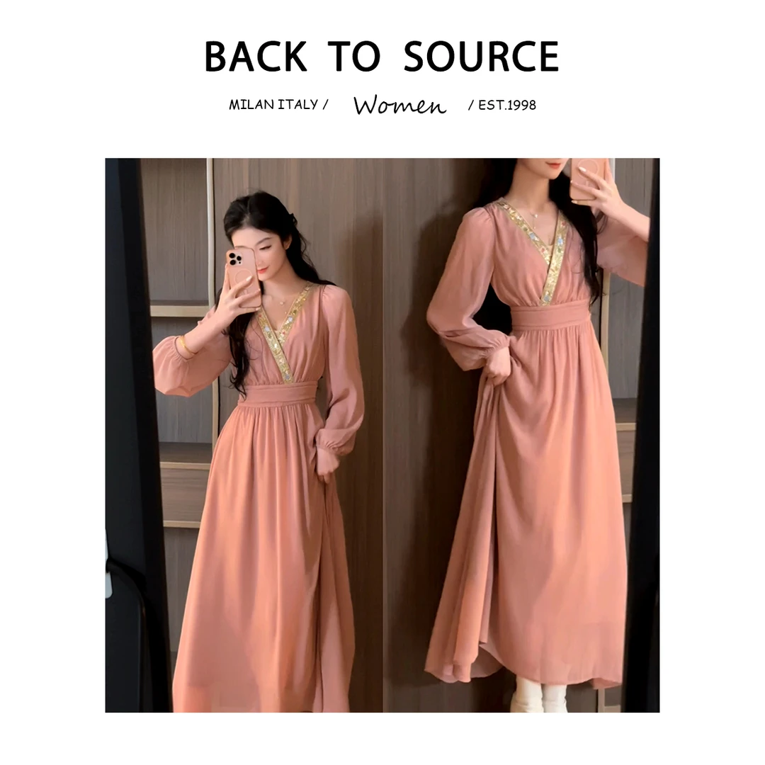 百亿 【木兰诗雨】一眼沦陷女神裙法式慵懒重工v领长袖连衣裙