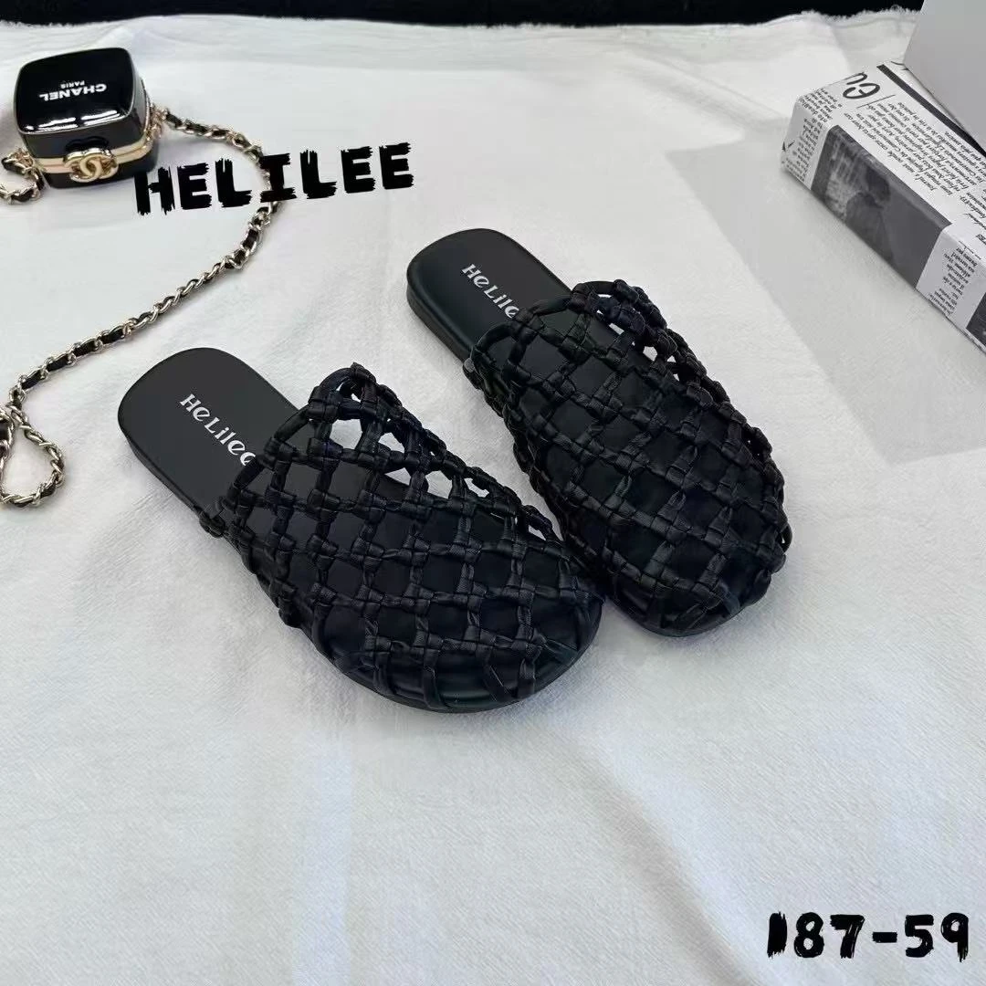 【摩姐姐欧韩】187-59夏款编织真皮镂空平底半拖