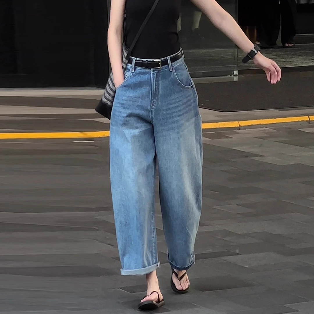阔腿牛仔裤女2025新款早秋高腰宽松显瘦百搭休闲垂感卷边直筒裤子