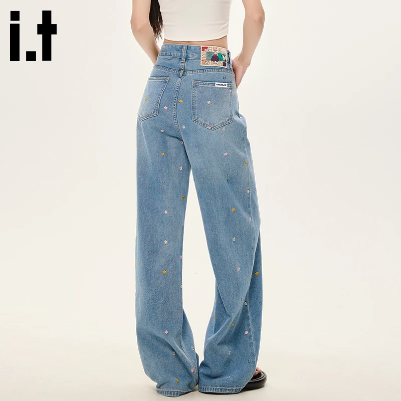 it :CHOCOOLATE浅蓝色潮流设计感阔腿牛仔裤女秋季薄款刺绣直筒裤