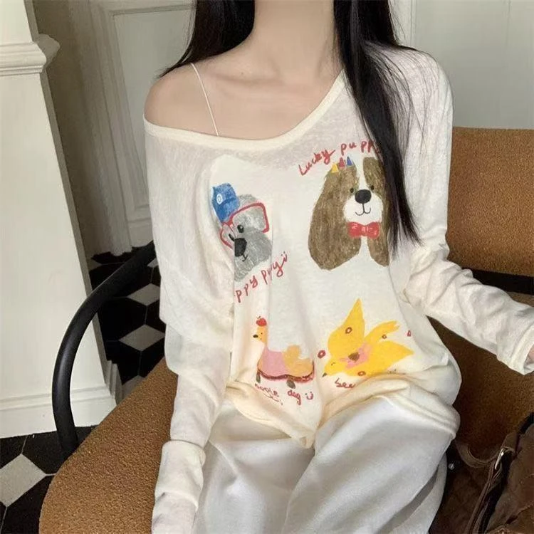 卡通狗狗印花长袖T恤女薄款防晒上衣夏季慵懒宽松设计感罩卡通
