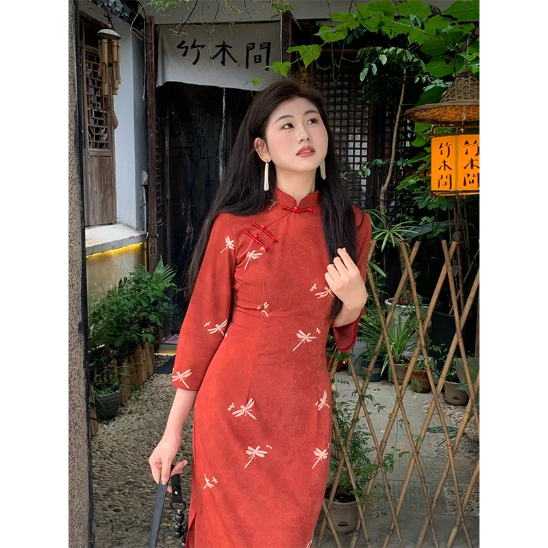 向南飞FLY《生南国》日常改良复古长袖旗袍女新中式红色连衣裙秋季