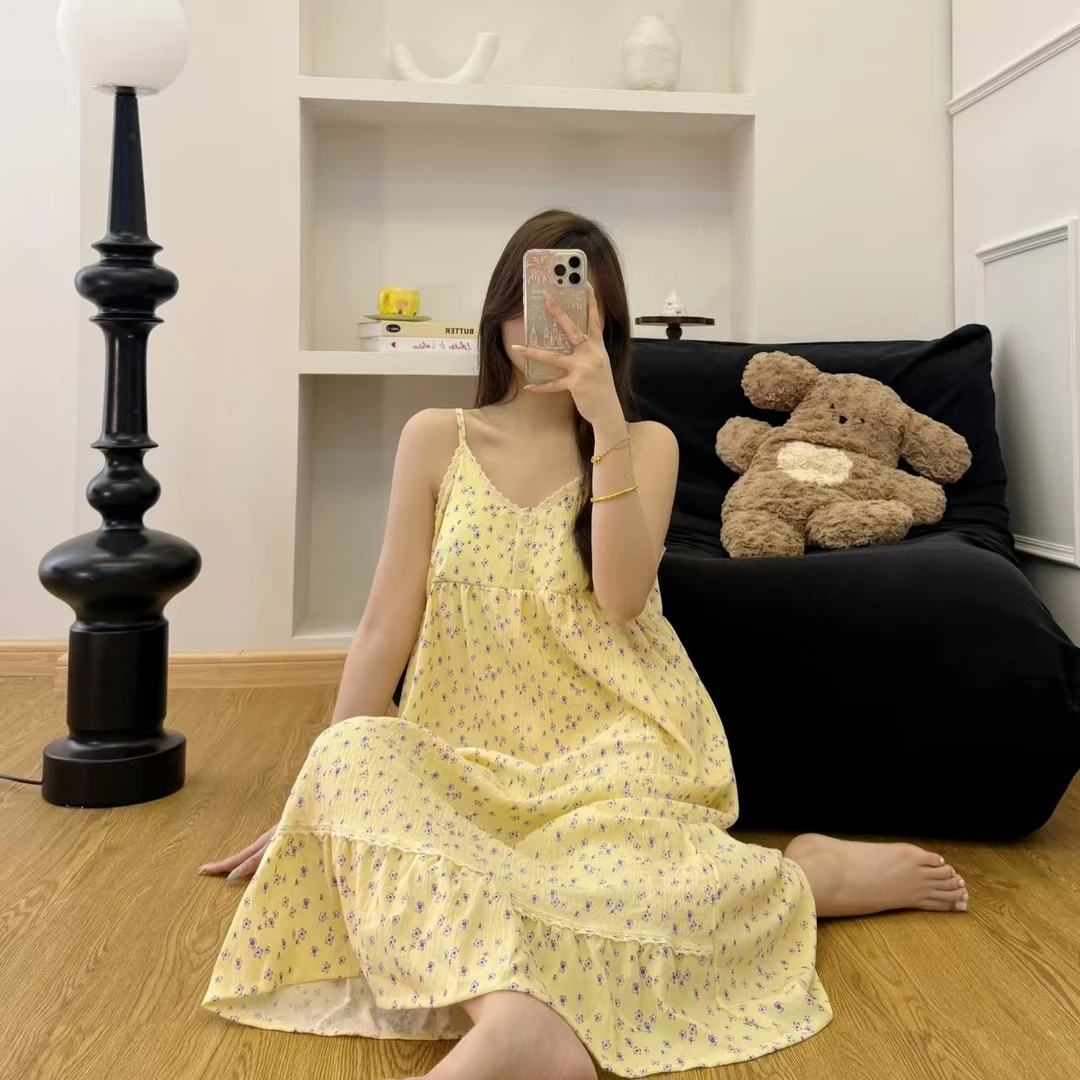 【R731】夏季清凉一夏黄色碎花小吊带睡裙连衣裙薄款+胸垫