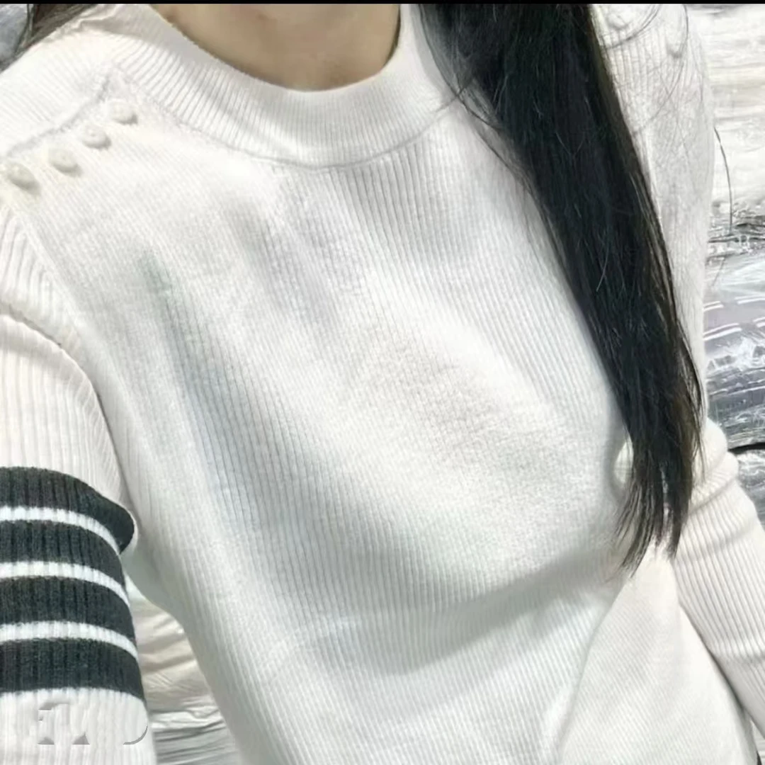 肩纽扣袖横杠针织打底上衣女秋冬洋气时尚百搭