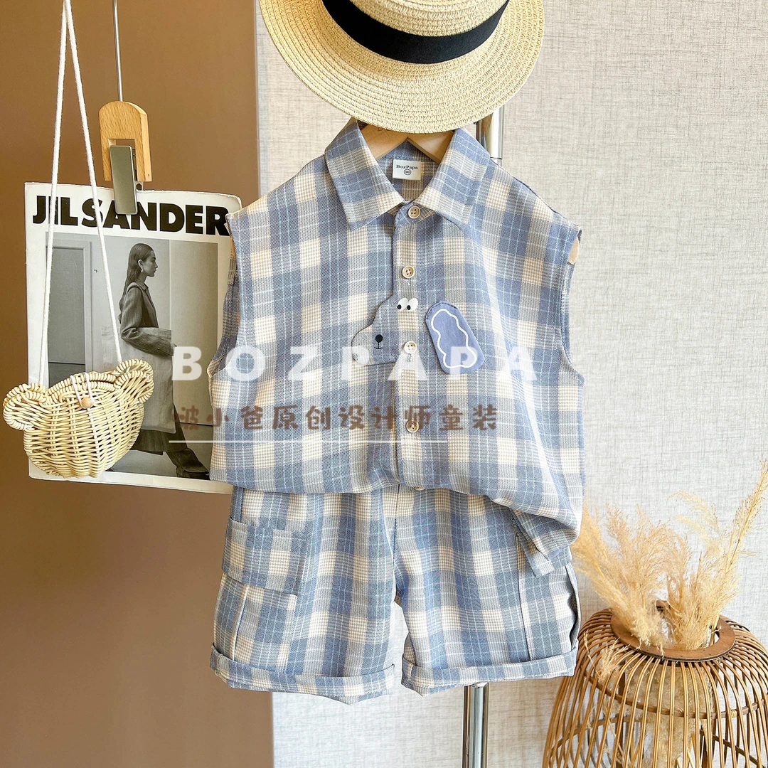 现货啵小爸【海盐方格】2025夏季男童韩系休闲蓝色格纹无袖衬衫套装