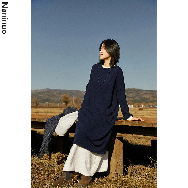 Naninuo/纳尼诺<一见倾心>简约廓形圆领系带插兜连衣裙 NRQZ25077