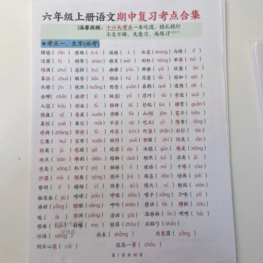 25新版六上语文1-4单元期中复习十六大考点合集