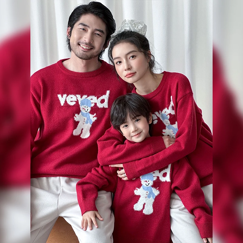 炸街亲子装一家三口秋冬新款红色卡通针织毛衣洋气家庭装喜庆上衣