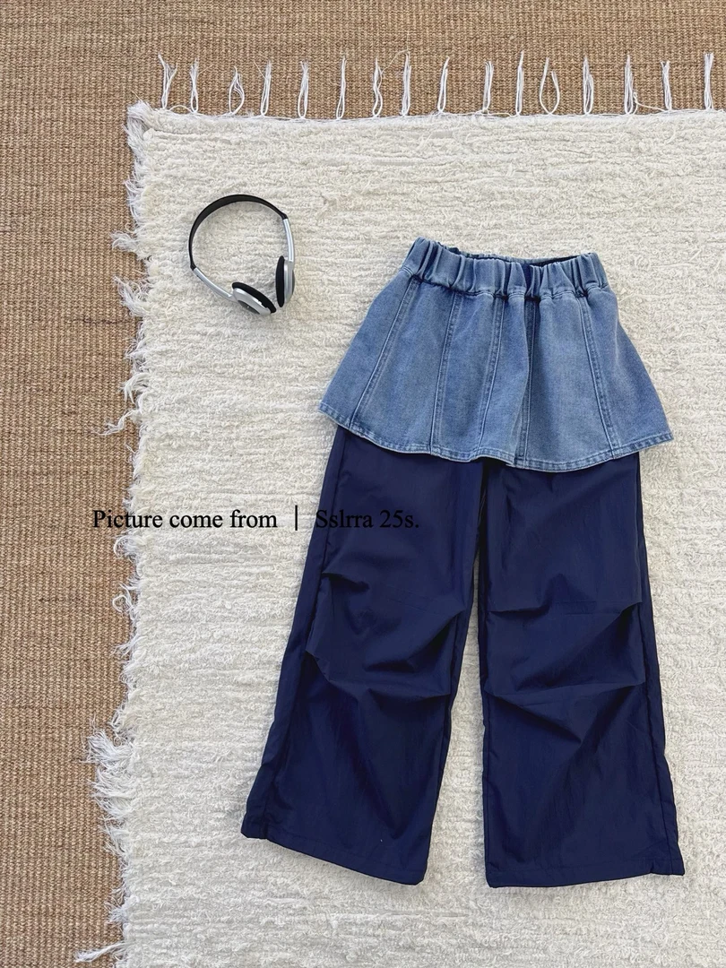 6574中童春季新款设计感叠穿长裤超短牛仔屁帘拼接羊毛休闲长裤女