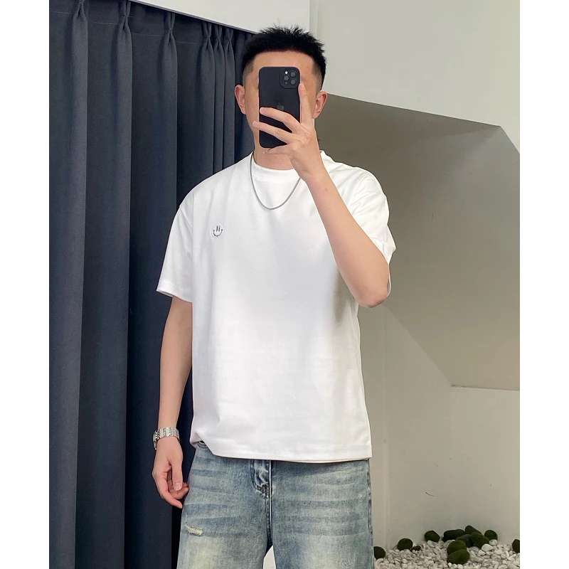 2025夏季新款高端刺绣笑脸圆领短袖T恤男款宽松简约百搭半袖上衣