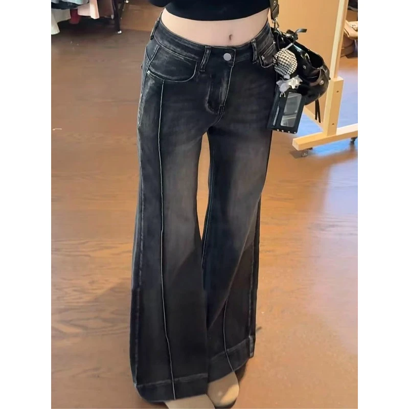 大码胖MM复古做旧微喇牛仔裤女秋季2025新款黑灰色显瘦百搭喇叭裤