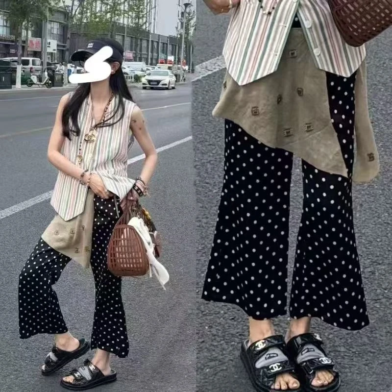 现货【十七微喇波点八分裤】2025夏显瘦神裤醋酸阔腿裤休闲裤女