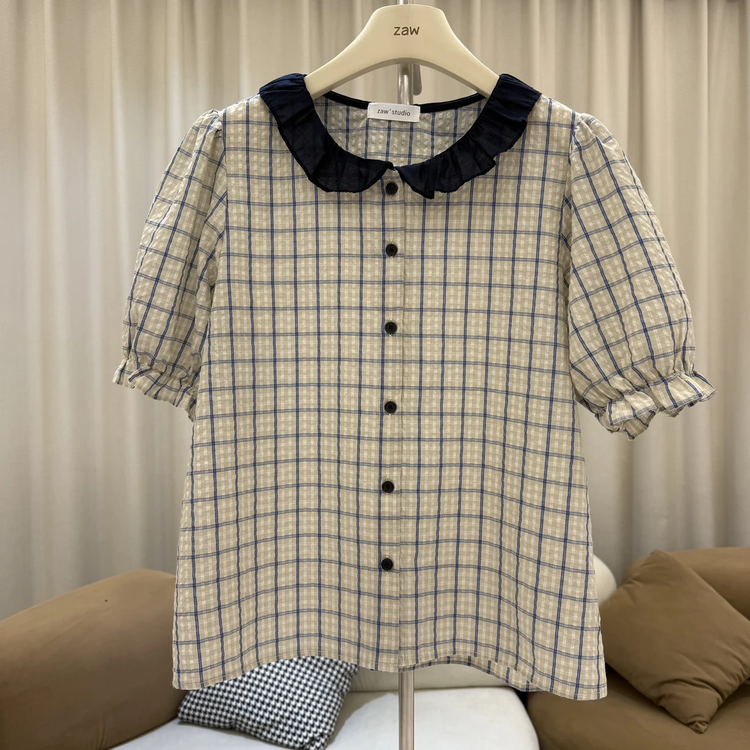 zaw大码娃娃领格子衬衫女2025新款爆款洋气胖mm炸街遮肚上衣25205