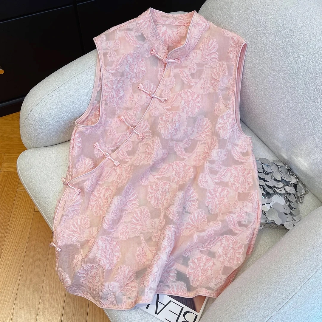 2025夏季新中式国风斜襟盘扣提花无袖上衣背心女复古洋气粉色衬衫