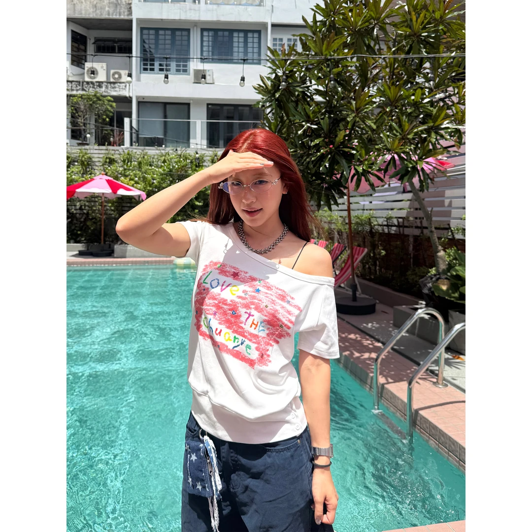 CCYE川川也美式复古斜肩印花辣妹短袖上衣宽松大领口t恤休闲夏季