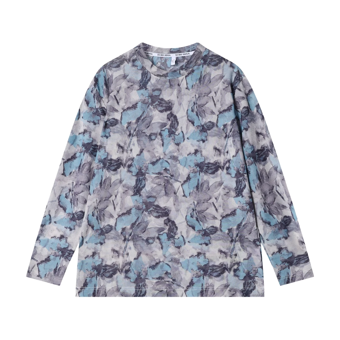 春秋季新款时尚个性韩晕染碎花圆领长袖T恤气质百搭情侣套头上衣