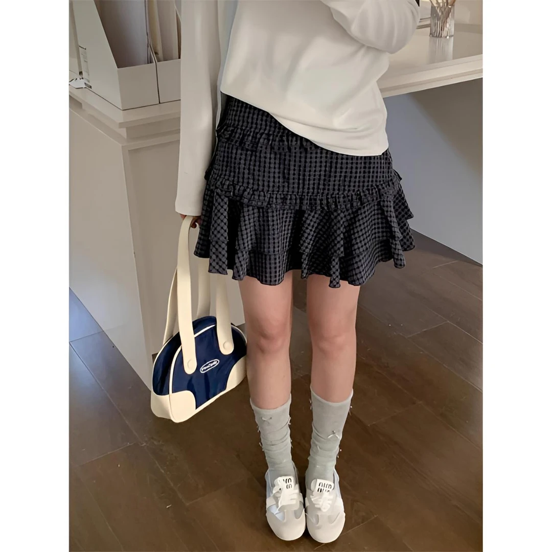 复古格子木耳边蛋糕裙女春夏季小众高腰A字裙蓬蓬裙显瘦半身裙子