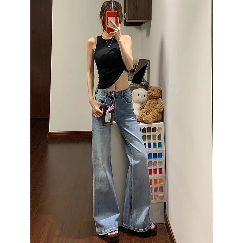 【清仓+运费险】美式复古浅蓝色微喇牛仔裤女不贴腿垂感低腰喇叭裤