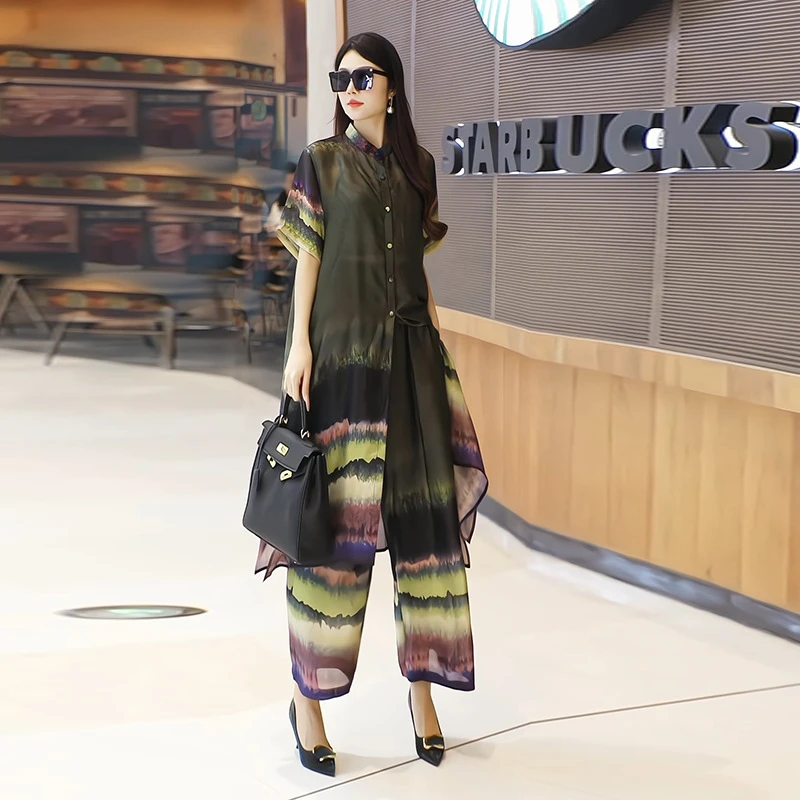 高端洋气轻奢女装25夏季气质中长款印花女装显瘦减龄度假风二件套