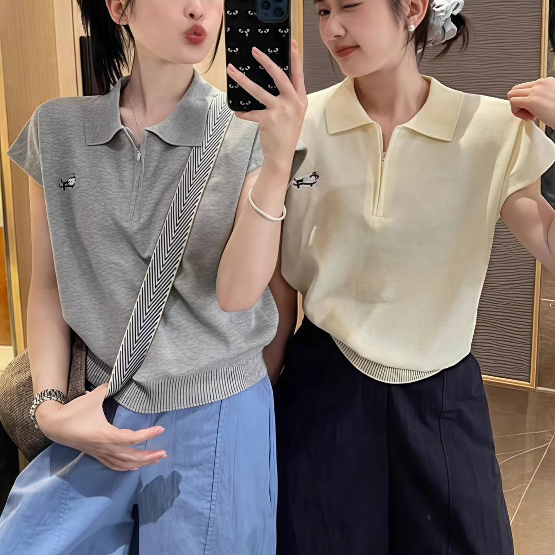 刺绣短袖针织衫女夏薄款polo衫小飞袖正肩T恤减龄8840