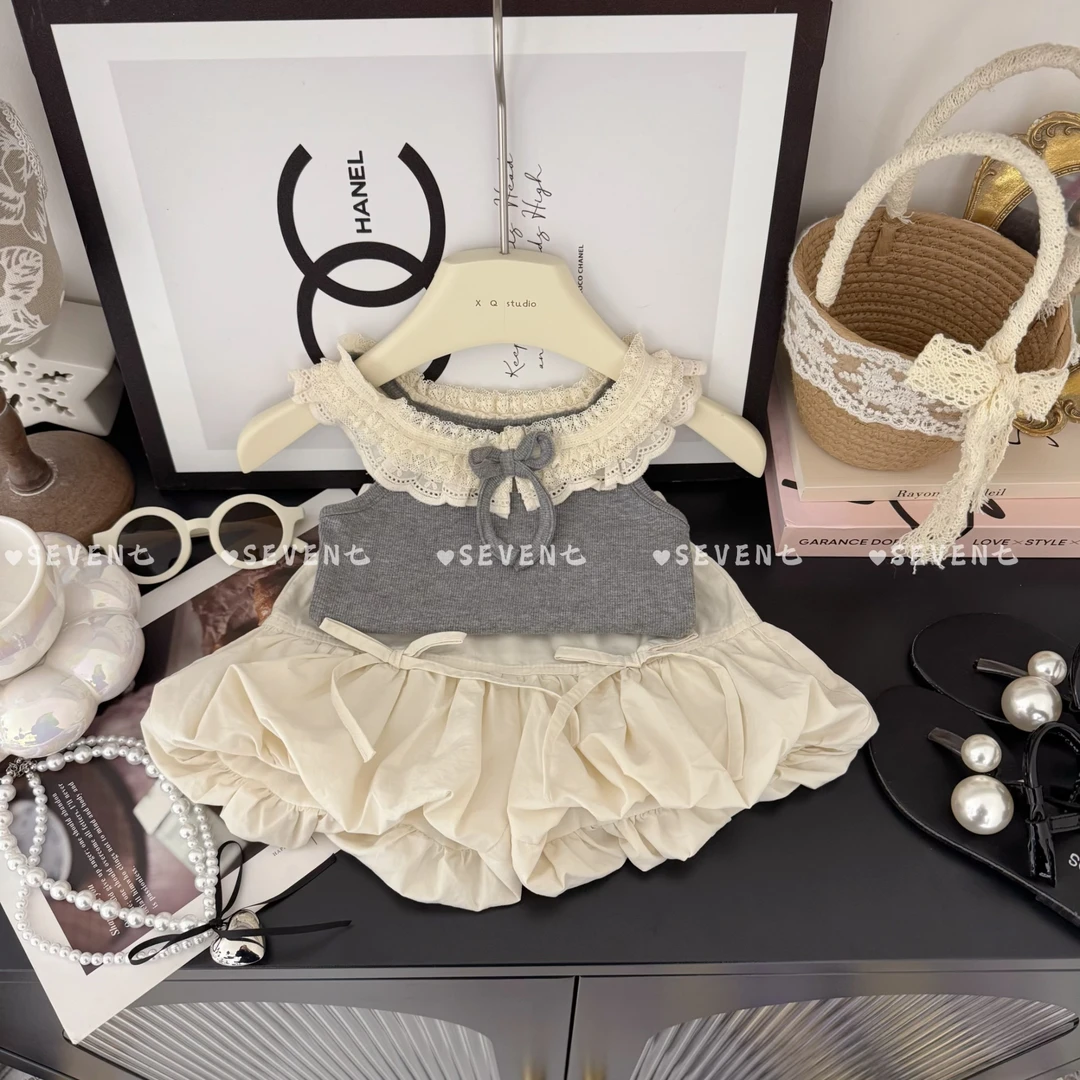 女童2025夏季新款法式荷叶边无袖背心花苞短裤套装C23155