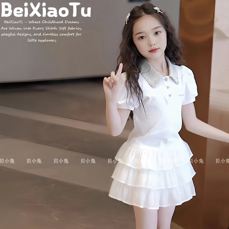 女童套装2025夏季新款韩版儿童洋气POLO领短袖拼接蛋糕裙两件套