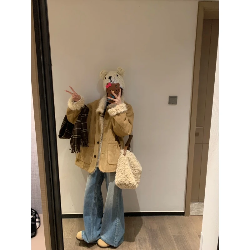 老钱风高级感宽松百搭保暖外套秋冬新款高腰垂感阔腿牛仔裤两件套