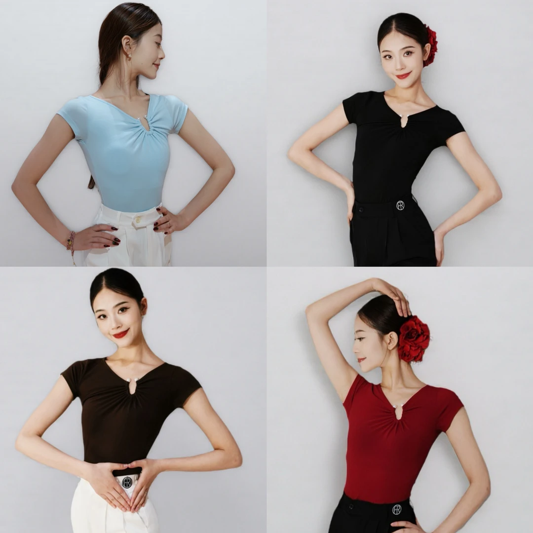 拉丁舞服摩登舞短款弹力拉丁上衣短袖简约百搭珍珠u扣显瘦红棕黑