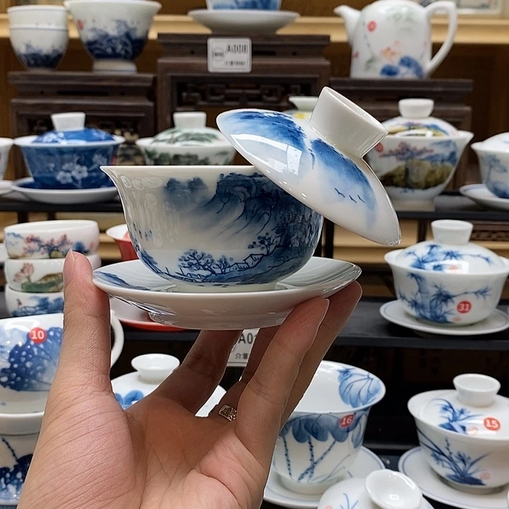 手绘烟雨江南150cc盖碗釉下彩微瑕福利款