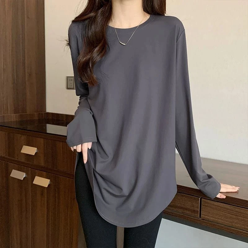 中长款内搭外穿打底衫上衣女春秋季新款圆领百搭弧形下摆长袖t恤