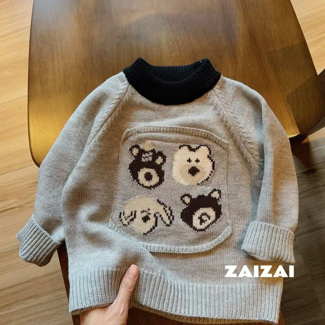 秋冬新款儿童毛衣男童韩系洋气女宝宝套头刺绣卡通小熊针织衫上衣