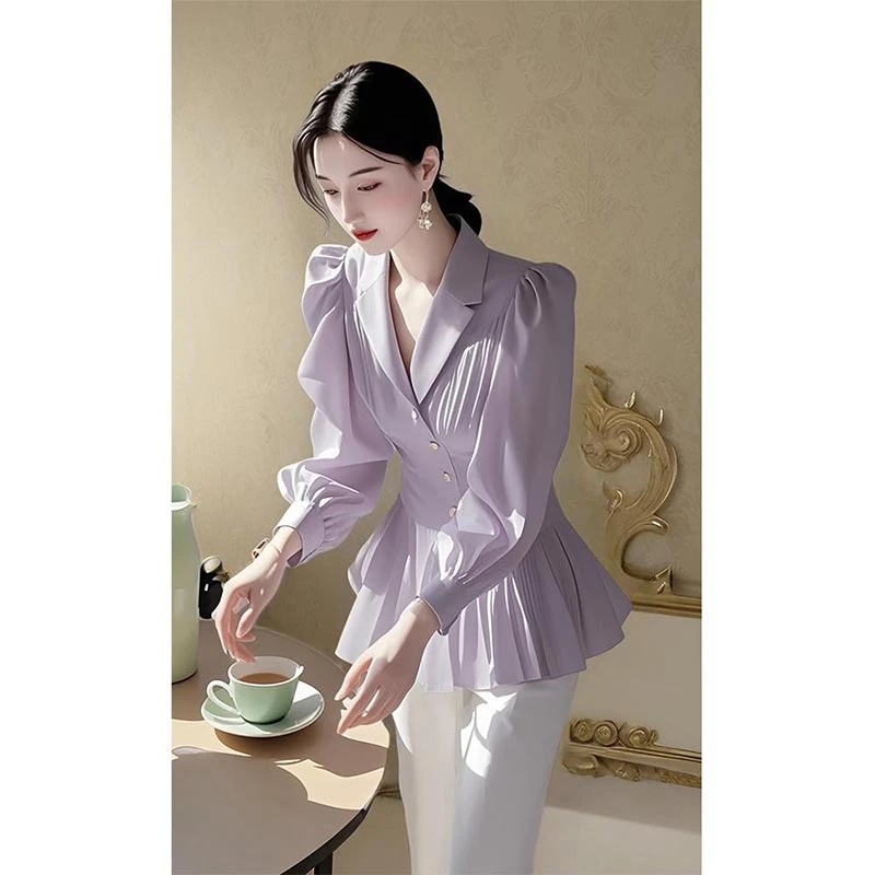 2025年春秋法式新款气质高级感淡紫色花边衬衫女宽松个性时尚百搭