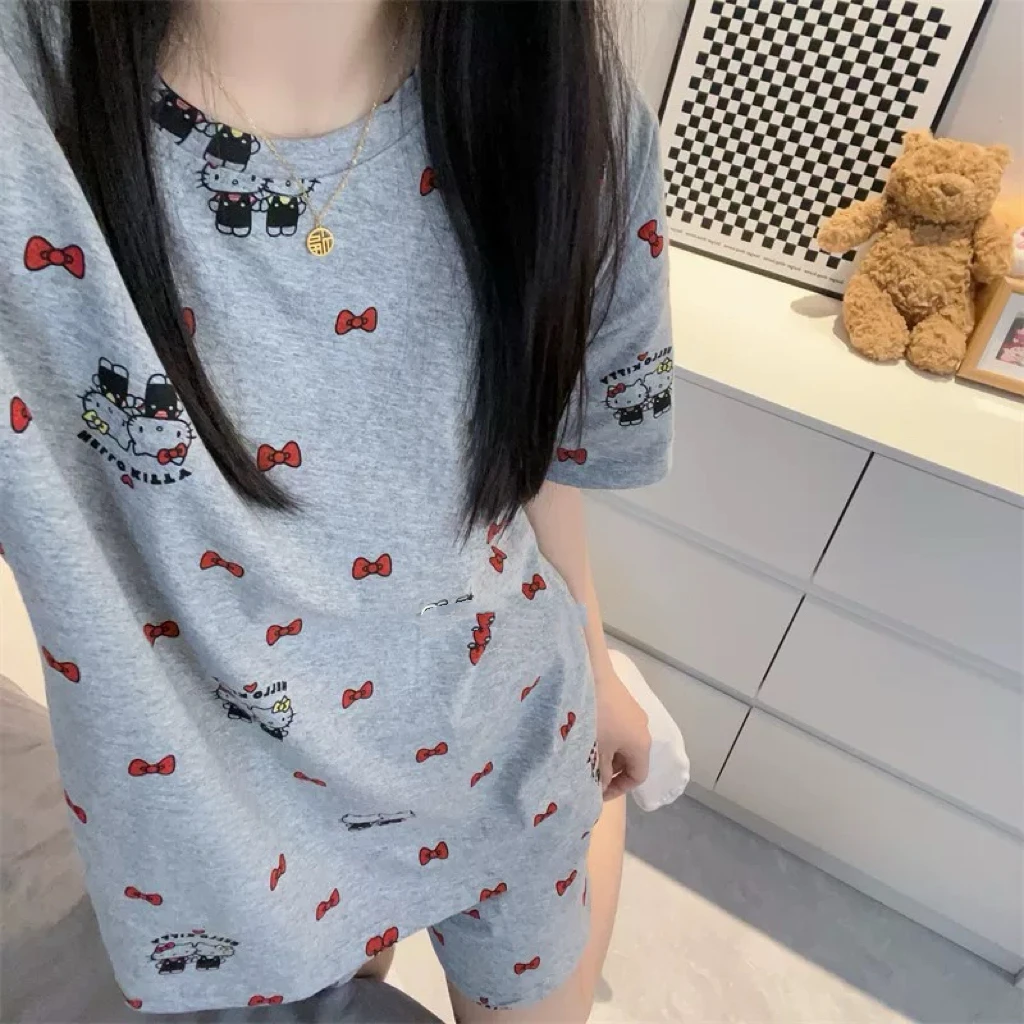 夏季款女韩版卡通KT猫短袖短裤圆领套装家居服