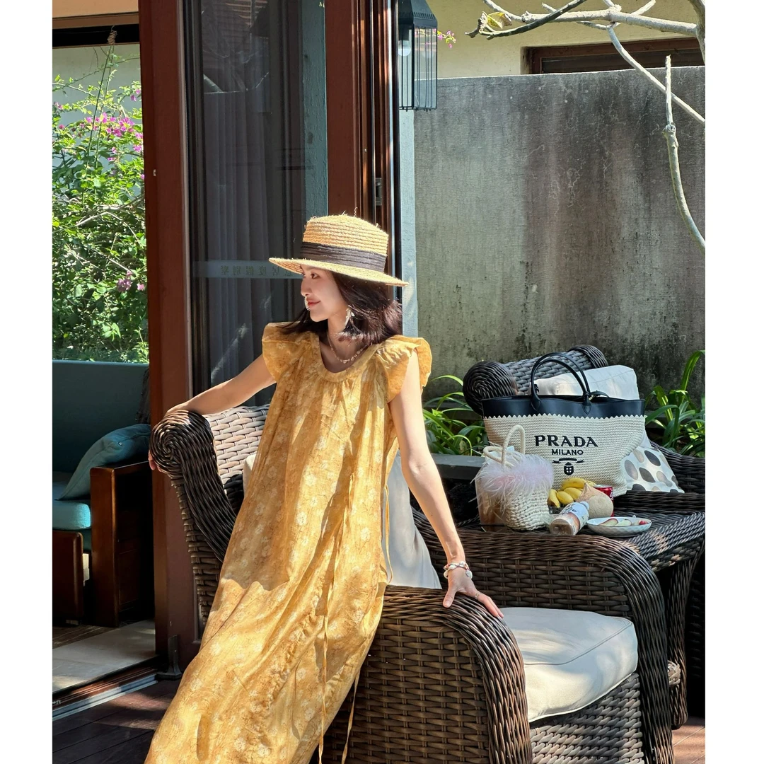 【稻香】温柔风小飞袖连衣裙新中式复古印花长裙