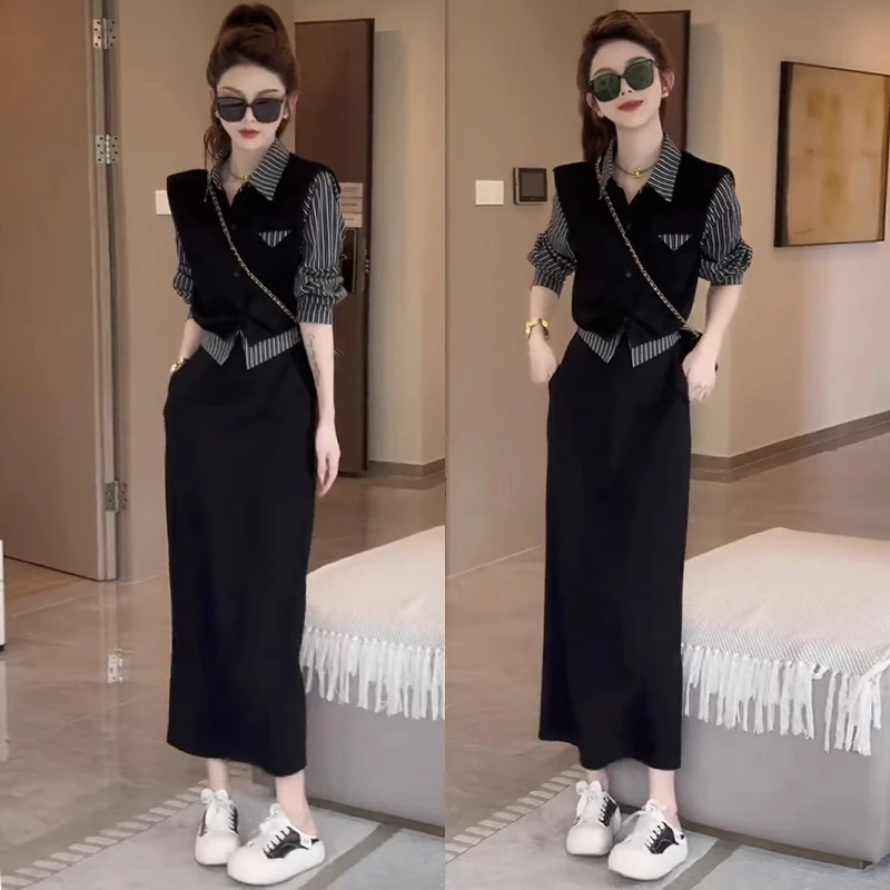 时尚套装裙女2025秋季新款高级感洋气显瘦假两件衬衫半身裙两件套