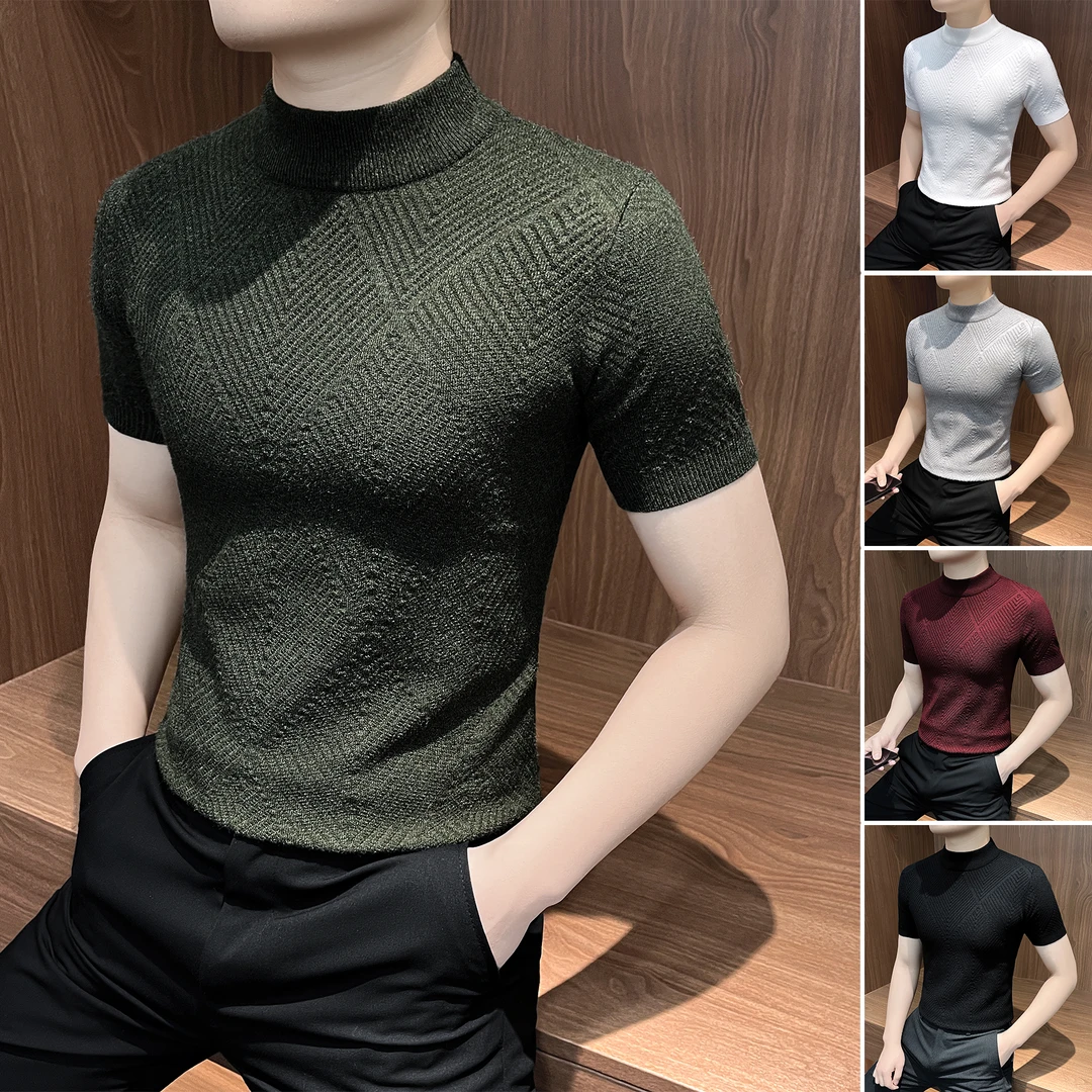 菱形格针织T恤短袖男款爆款2025新款痞帅高级感男士半高领打底衫
