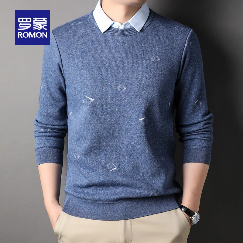 罗蒙中老年修身假两件衬衫领毛衣2025秋季休闲翻领长袖百搭针织衫