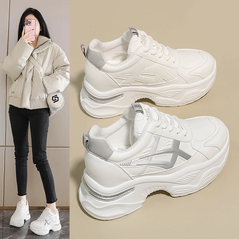 增高8公分韩版厚底加绒老爹鞋女冬款棉鞋小个子防滑皮休闲运动鞋