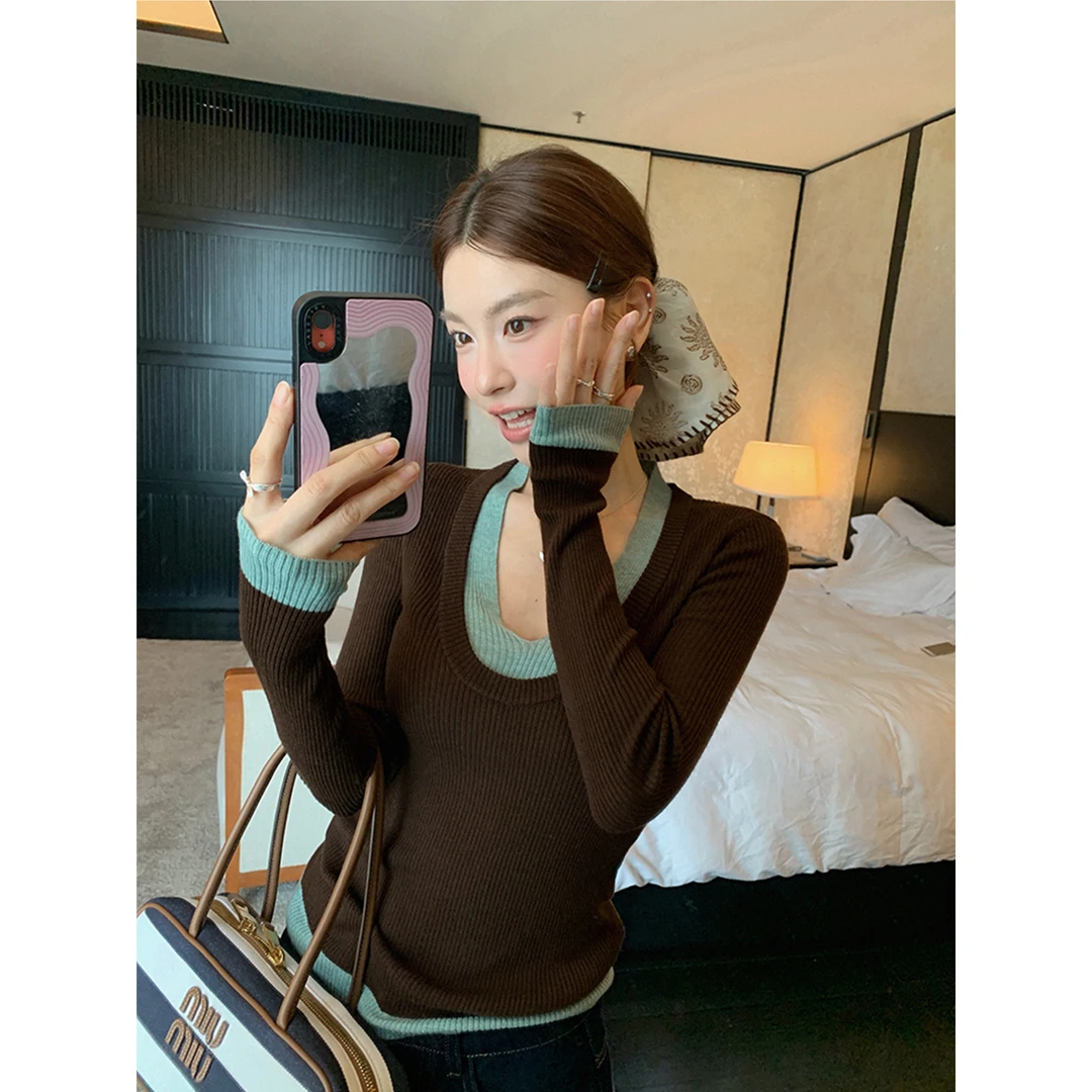 美式复古风假两件长袖针织季新款纯欲风收腰显瘦打底衫上衣G9-37