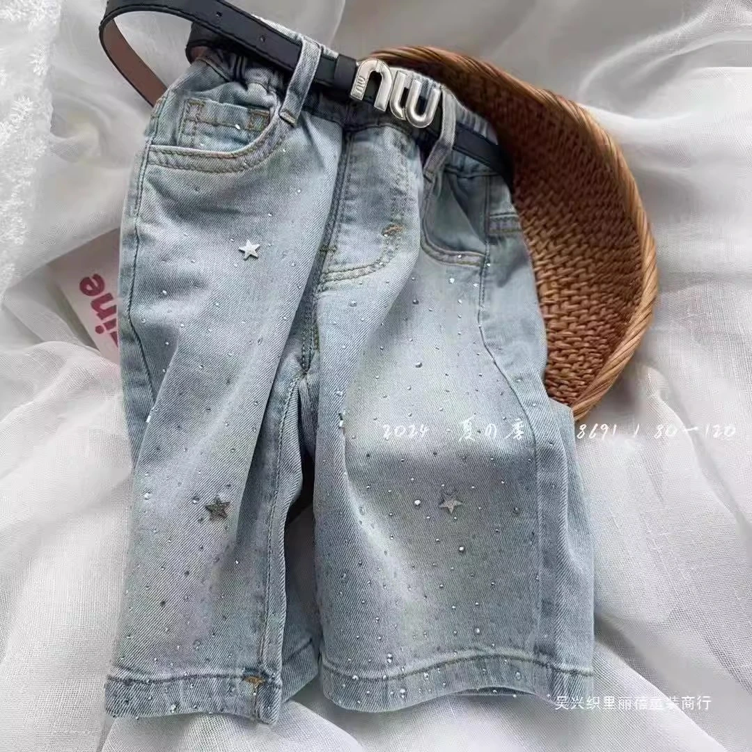 女童夏季裤子2025夏季新款小童七分裤女宝宝洋气韩版烫钻牛仔中裤