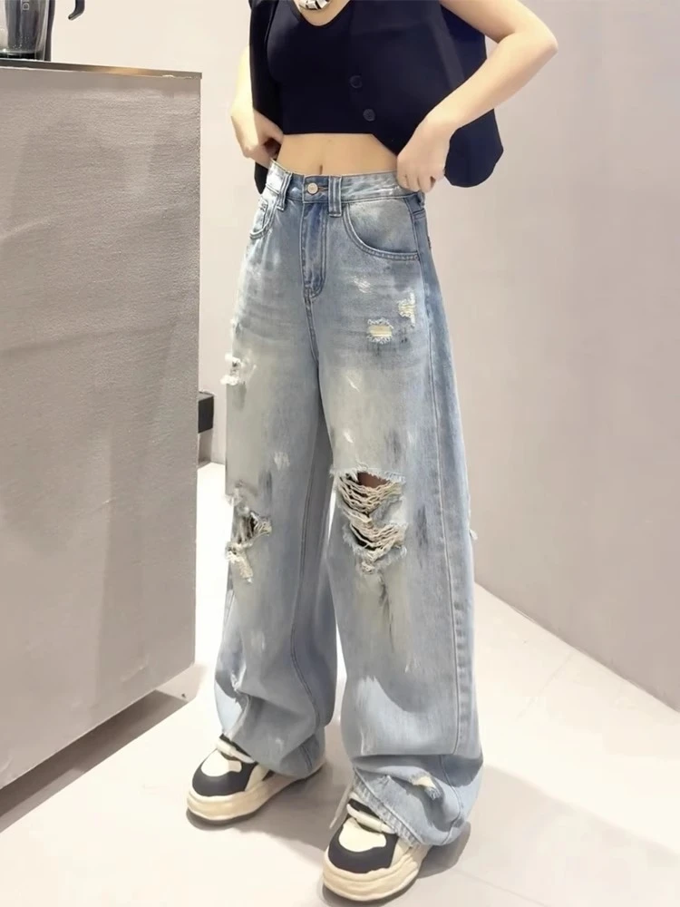 破洞窄版阔腿裤牛仔裤女2025春季新款大码胖mm宽松显瘦直筒弯刀裤