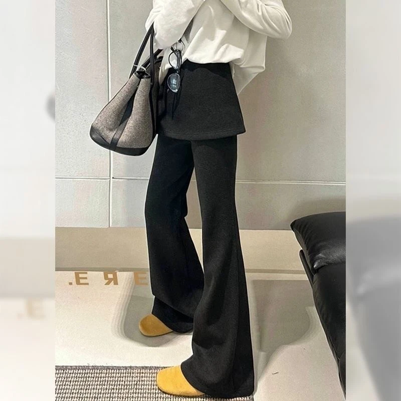 2025秋冬黑色加绒带屁帘假两件微喇叭裤女显瘦小个子休闲喇叭裤子
