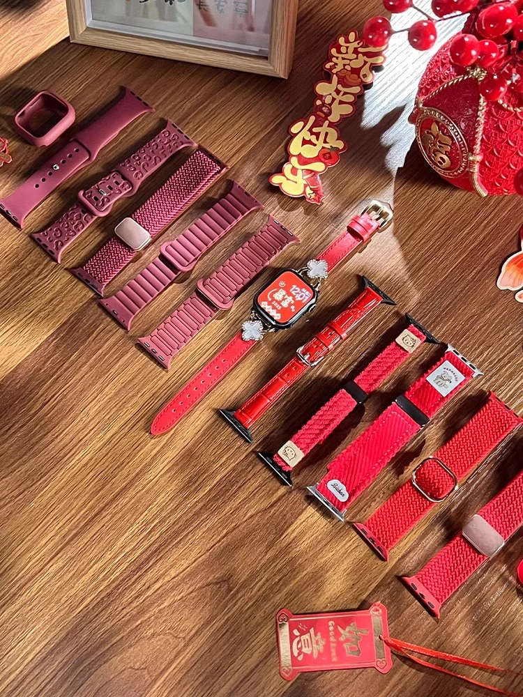适用iwatch10表带新年红苹果手表9尼龙编织硅胶真皮高级秋冬磁吸