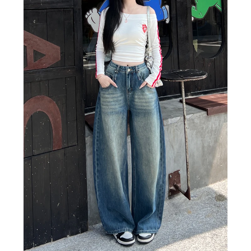 复古水洗牛仔裤女2025秋冬新款高腰显瘦宽松百搭直筒拖地阔腿裤