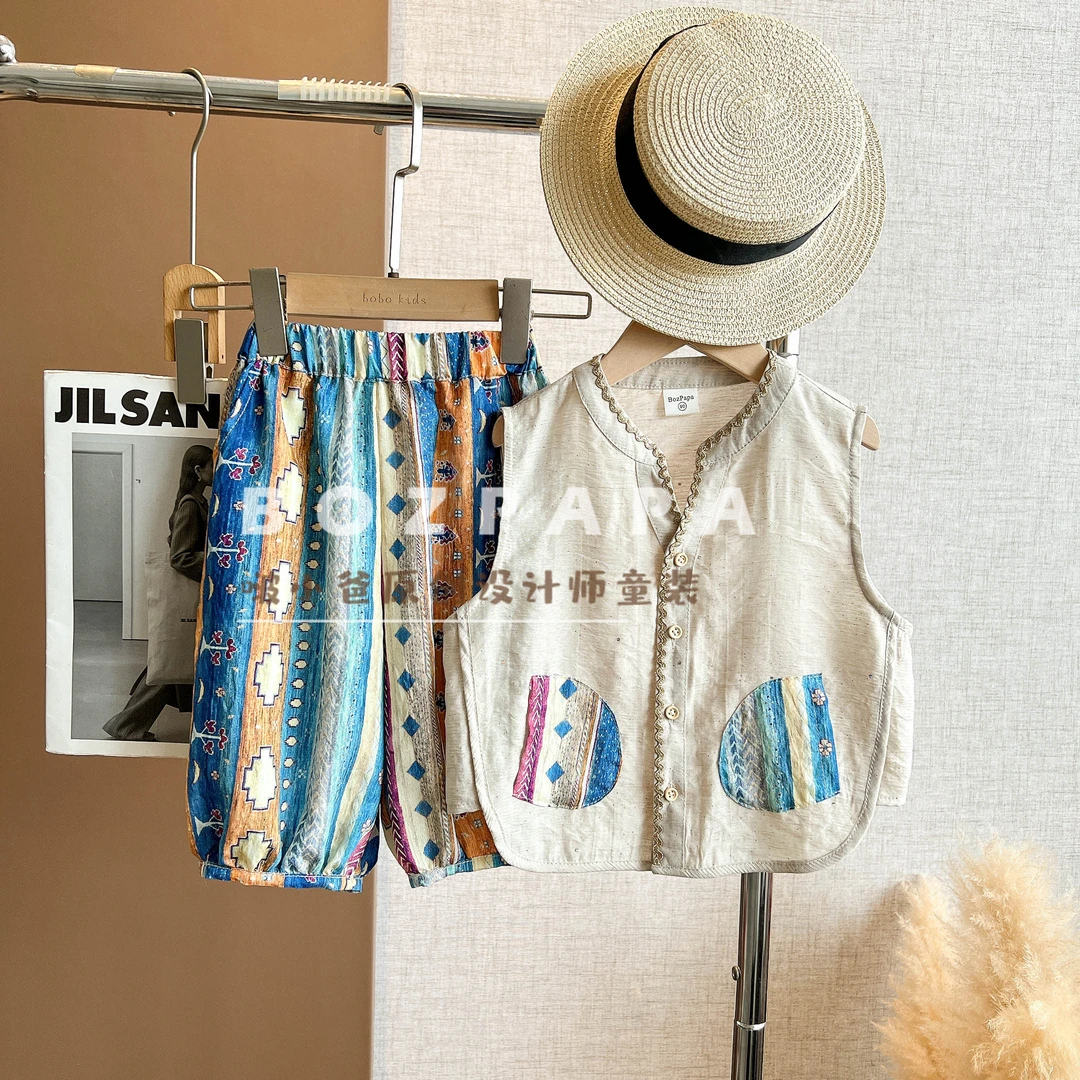 啵小爸【虹彩稚趣】2025夏季男童韩系民族风口袋拼接设计背心套装