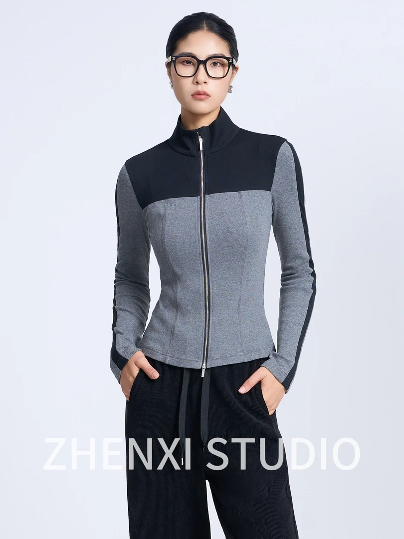 ZHENXI【必入衫】高个子穿搭休闲运动立领修身拼接针织衫25QDYZ0622