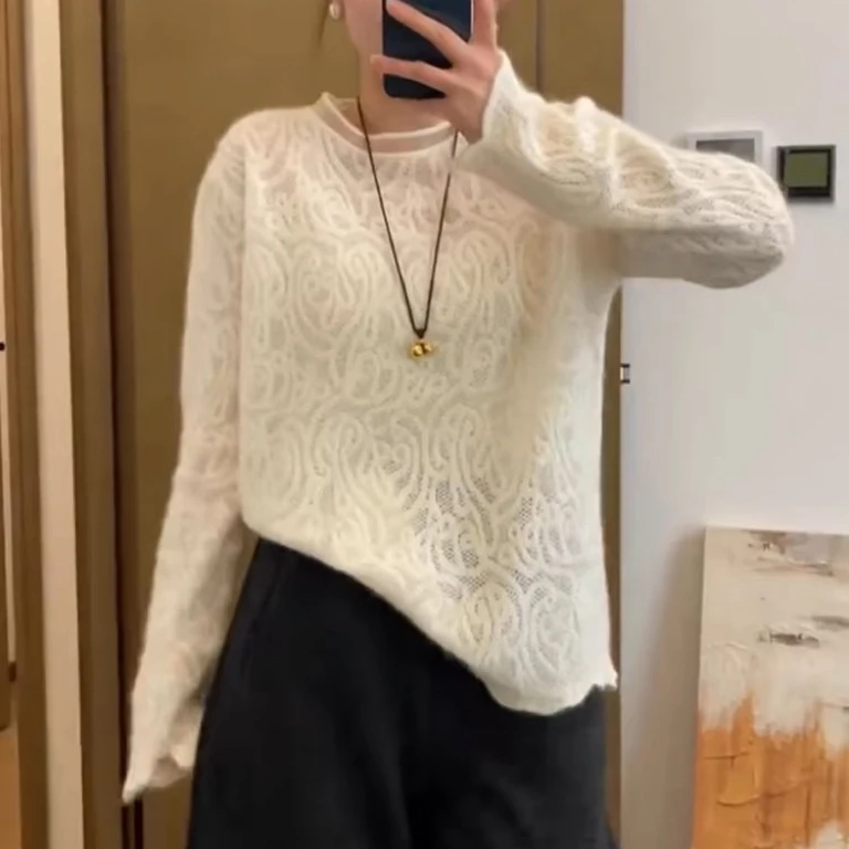 巨好看～早秋新款针织衫宽松女装圆领休闲时尚打底衫韩版蕾丝上衣