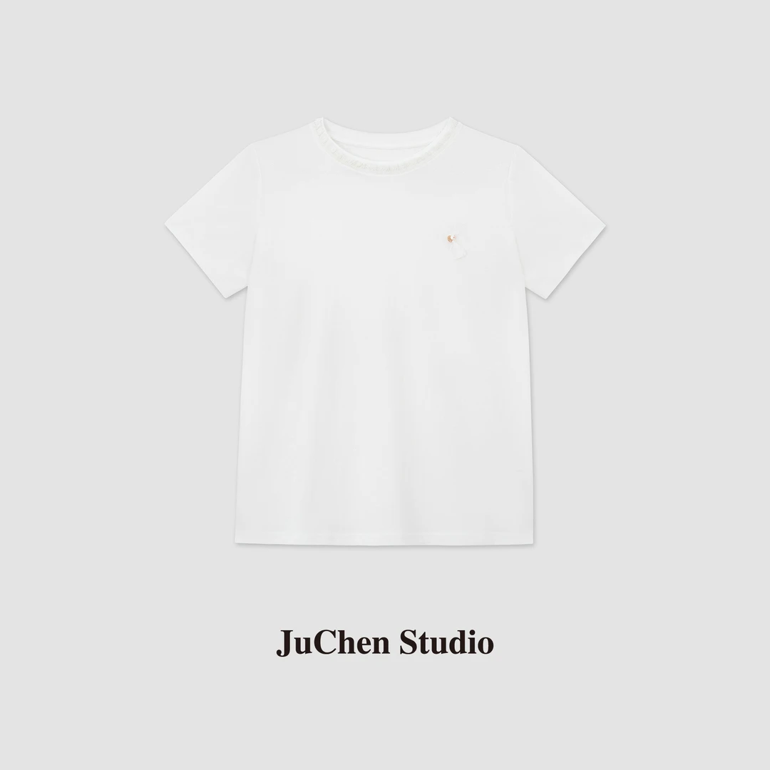 小穗穗流苏花边领夏季亲肤小薄棉基础白色合身短袖T恤SS033939